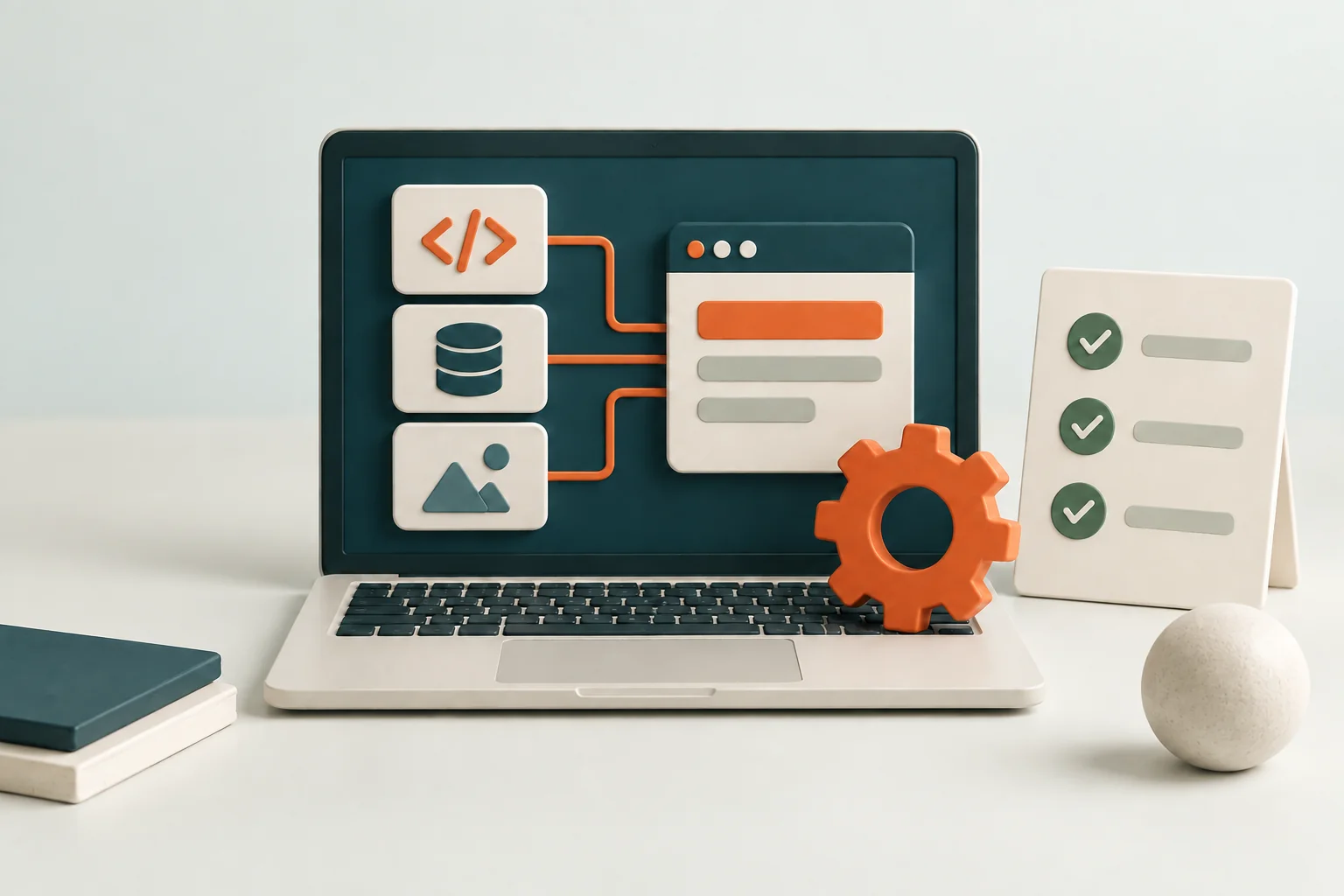 Software blocks and a checklist representing building and testing