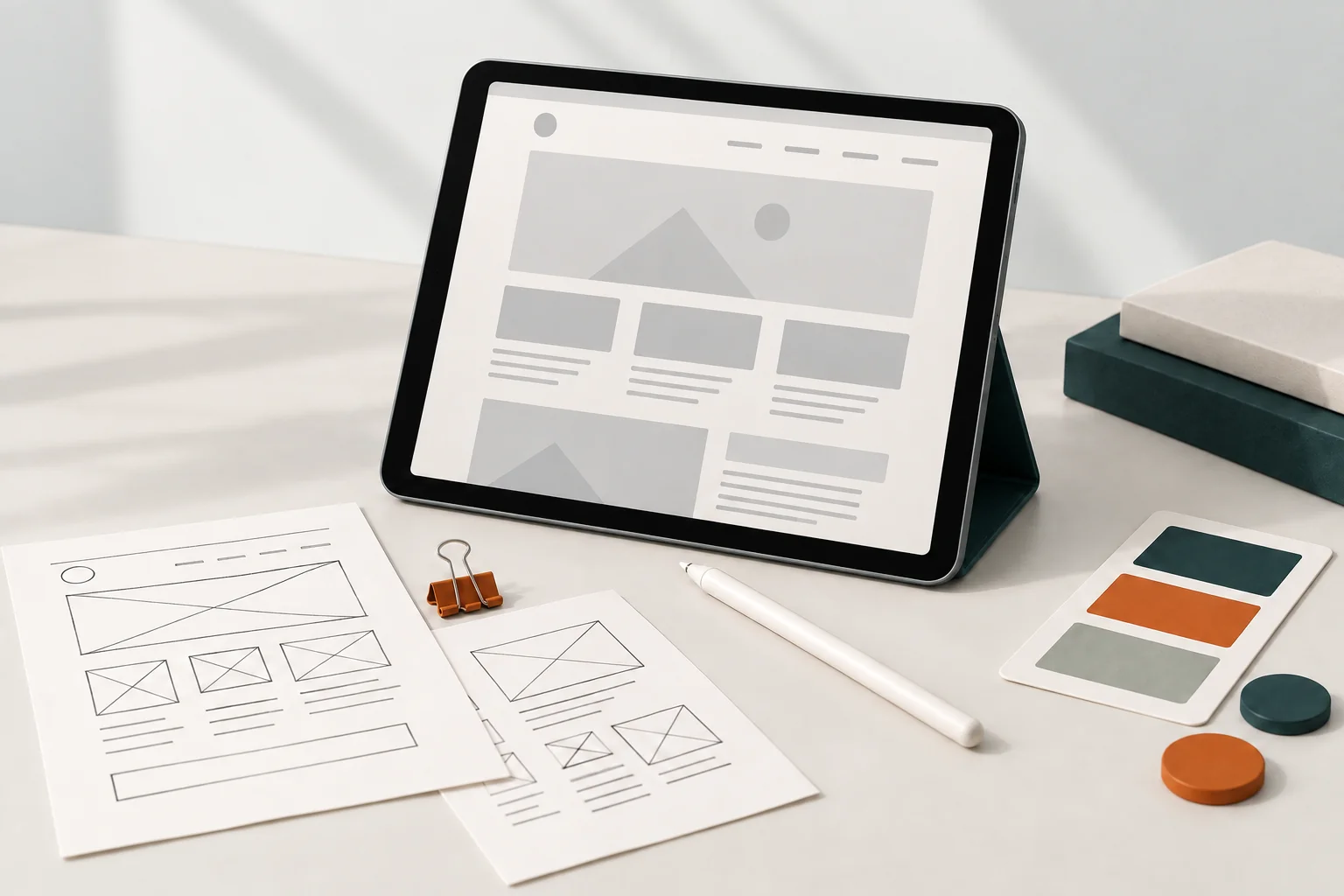 Wireframes and design tools representing prototyping