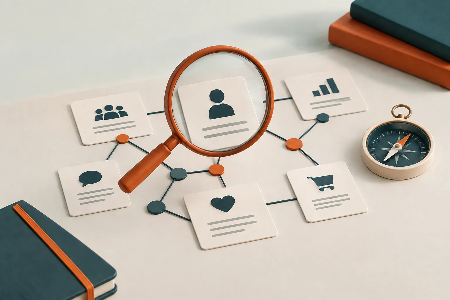Research map and magnifying glass representing discovery
