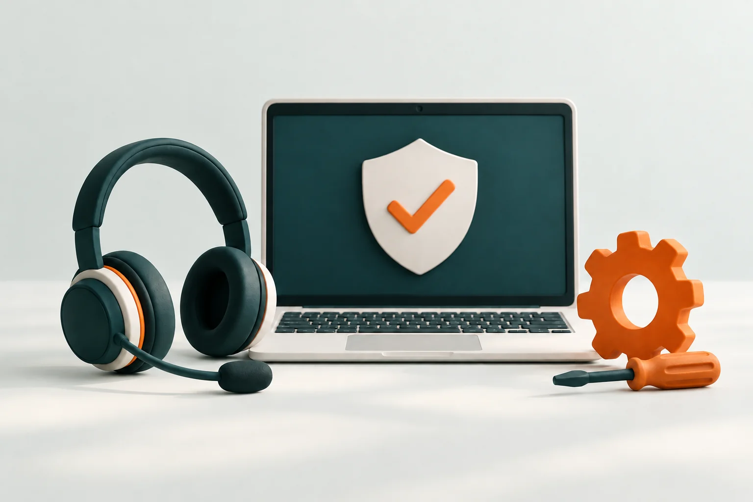 A headset and protected laptop representing technical support